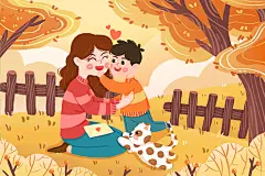 手绘卡通母子拥抱感恩节人物插画