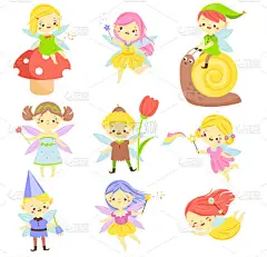 可爱的仙女花园精灵和精灵。小人物。漂亮的女孩和穿着带翅膀的飞行服装的美女。一系列卡通人物的幻想图片集