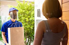 亚洲男人提着纸袋准备送给家里的女顾客，外卖食品