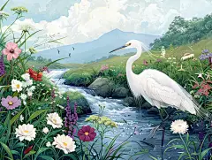 植物白鹭插画素材图AI图