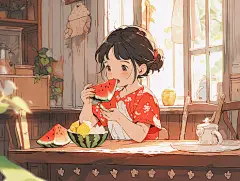 夏日清凉室内女孩避暑吃西瓜插画卡通手绘可爱插画壁纸