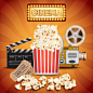 Realistic popcorn on orange background.