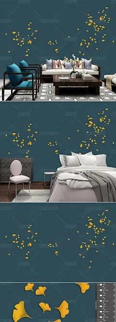 花纹图案-新中式手绘银杏叶花鸟工笔银杏叶花鸟花纹图案家居数码图案