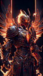 an image of a demonic knight with wings and fire on his chest, standing in front of a black background