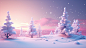 Beautiful pink and turquoise winter snow scene , Christmas tree, sky and snow, magical , beautiful animation style pastel christmas