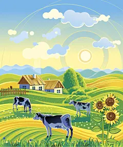 乡间田园插画背景图ai背景图_新图网 https://ixintu.com 向日葵 奶牛 清新 牧场 蓝天 白云 光感 乡下 插画背景 田园