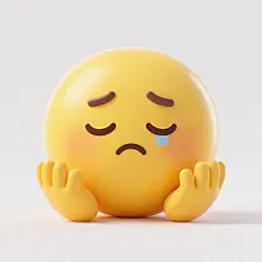 3D卡通风格黄色表情角色，整体呈圆形，主色调为明亮的黄色，带有柔和的渐变光影效果，高光位于额头、脸颊和下巴处，阴影细节丰富使角色具有立体感和软萌的塑料质感，角色双眼紧闭，眉头微微皱起，嘴角向下撇形成委屈的表情，双手掌心向上摊开在脸颊两侧，姿态显得无辜又可怜，背景为纯白色，整体氛围可爱又略带委屈，构图居中对称，视觉焦点突出。