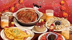 灯笼烟花高端大气创意新年喜庆插画