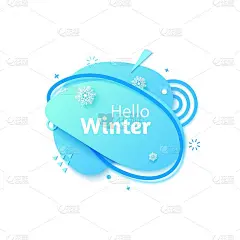 Hello Winter横幅剪纸风格。从纸板上剪下的蓝色渐变抽象层。孟菲斯艺术标签与冬季雪花和几何形