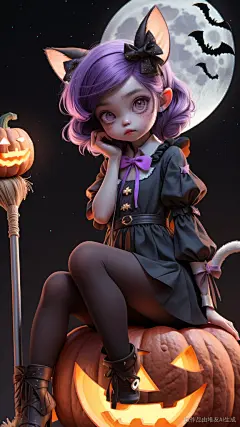 万圣节，紫色头发小女孩，坐在魔术扫把上南瓜灯，小猫咪，蝴蝶结，月亮，星星，小鬼,夜光效果,暖色光影,增加细节,壁纸,极高分辨率,高分辨率,清晰度强化,细节强化