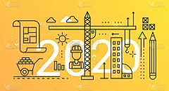 建筑工程细线概念矢量插画，网站界面创意线性设计用抽象平面2020字，现代建筑规划符号