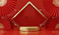 中国新年红色现代风格的一个讲台产品展示与金戒指框日本风格的图案背景。节日快乐传统节日观念。3 d演示