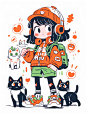 创意涂鸦艺术|小女孩和猫|Midjourney 作品