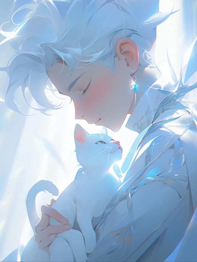 Midjourney｜蓝色简约抱猫-男生...