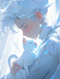 Midjourney｜蓝色简约抱猫-男生版