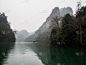 厚的,山,光,雾,低的,船,湖,风景,天空,美