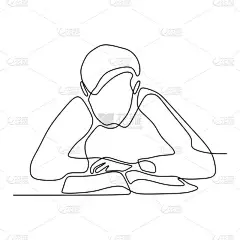 一个连续绘制线小男孩读一本书手绘图片剪影矢量设计