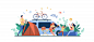 Happy group of tourists camping on nature Free Vector
