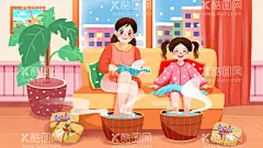 卡通母女泡脚插画  - 源文件下载【酷图网】冬季,养生,草药,泡脚,母女,插画