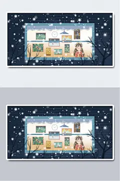 雪景清新女孩森林手绘插画