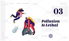 塑料污染海洋与垃圾。潜水员从海底收集垃圾和废物。生态保护概念网站着陆页，网页卡通平面矢量插图，横幅