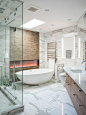 Bathroom - large contemporary master white tile and marble tile white floor and marble floor bathroom idea in Vancouver with flat-panel cabinets, medium tone wood cabinets, an undermount sink, a one-piece toilet, white walls, marble countertops, a hinged 