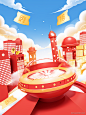 E-commerce marketing scenario，show stand，Central composition，Red hues， yellow hues， conveyor belts， arrows， floating coupons， no humans， cloud， sky， scenery， building， tower， day， outdoors， blue sky， city， cityscape， skyscraper， clock， cloudy sky， fantasy