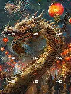 神秘而充满活力的夜晚，一条雄伟的龙彩色灯笼装饰海报