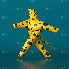 3d渲染，可爱的卡通人物行走，黄色豹子与黑点孤立在深蓝色的背景。有趣的吉祥物服装。充气猫玩具活动姿势