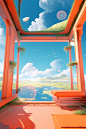 a room showing a balcony, pond, and green roof, in the style of surreal animation, sky-blue and orange, pastoral landscape, playful animation, dreamlike visions, cloudpunk, rectangular fields