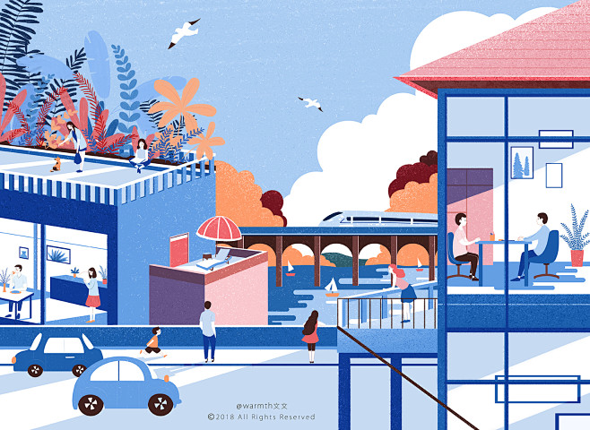 岁月静好插画扁平插画治愈系城市