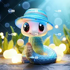 一条可爱的蛇，戴着浅蓝色的帽子，像人一样，穿着浅蓝色发光的衣