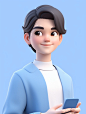 Asian man’s illustration, round face, （Nuan is a 30 year old woman wearing a shirt and smiling sweetly in an blue dress ） hd mod, glowwave, simple, 3d, blender, oc render, in by pop mart, blind box toy, hyper detail, c4d
