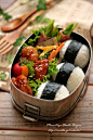 Japanese Onigiri Bento Lunch (Umeboshi Rice Ball, Teriyaki Chicken, Asparagus Bacon Roll, Two‐tone Cherry Tomatoes)｜あ～るママ  さんのお弁当