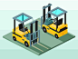 Isometric vector illustration of forklift using the front and rear position