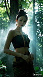 身着中国傣族风服饰的女性，高冷，表情自信，森林，背景模糊，充满烟雾，丁达尔效应，轮廓光，色彩丰富，充满东方韵味，高质量，焦点清晰，细节错综复杂，东方美，by Erik Madigan Heck,(13)