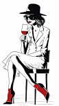 Minimalistic art, a woman sits on a bench holding a glass of wine, in the style of sleek and stylized, squiggly line style, white and red, elegant inking techniques