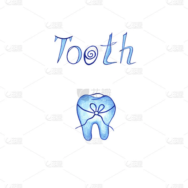 蓝色人类牙齿，牙线系成蝴蝶结。铭文。刻字。蓝色的字母。孤立在白色背景上。水彩插图。