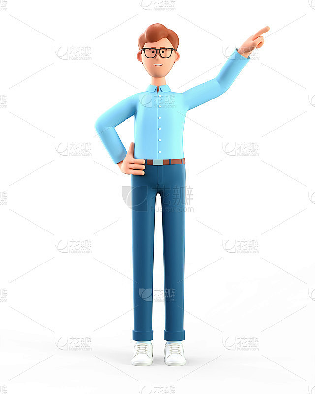 3D插图站立快乐的人指着方向。卡通微笑的...
