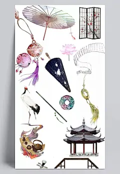 手绘中国风素材|古典,伞,乐器,窗,亭子,纸伞,红布,荷,帘子,手绘,生活用品,装饰元素