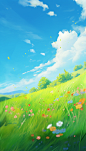 animated cloudy landscape wallpaper in blue, in the style of delicate flowers, orange and green, miki asai, xbox 360 graphics, realistic perspective, lively brushwork, pastoral charm