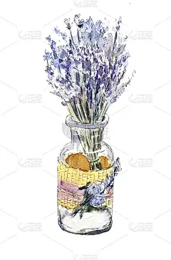 水彩薰衣草花束装在玻璃瓶里。_5713012070