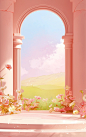cute pink room with flowers and columns and a view, in the style of naturalistic landscape backgrounds, vibrant stage backdrops, high resolution, resin, childlike illustrations, rounded, high detail