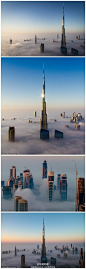 德国摄影师比乔恩-劳恩在日出时分拍摄了一组照片，展现世界第一高楼——迪拜的哈利法塔被雾海环绕的壮观景象，宛如仙境一般。照片中，其他较矮的建筑要么部分，要么完全被雾海淹没，进一步突出哈利法塔的“高大形象”。