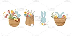 复活节快乐，复古风格的复活节藤条篮子，里面有鸡蛋，鲜花和兔子。复古波西米亚复活节剪贴画