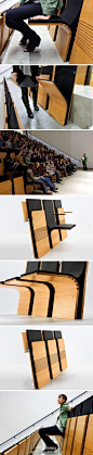 无用设计：美国的Ziba设计工作室推出了一种可以瞬间消失的座椅Jumpseat，专为剧院等公共场所打造，让人们通行时更加方便。这项设计的关键在于选用了韧性极佳的材料，使得当你离开座位时它可以迅速还原合拢。 整体的设计简洁美观，同时也兼顾了座椅的舒适性，而通行效率的提高也可以使听众或观众们获得更好的体验