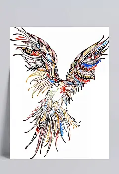 七彩线描装饰花纹老鹰时尚矢量动物插画|动物插画,漫画动物,卡通动物,矢量动物,绘画设计,水彩,手绘动物,角色,动物