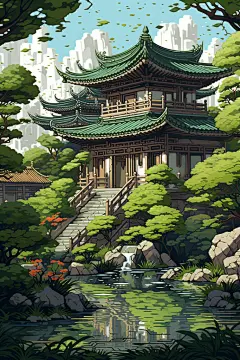 游戏像素风四合院建筑插画