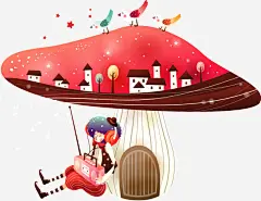 卡通可爱蘑菇房子小女孩免抠素材 平面电商 创意素材 png素材