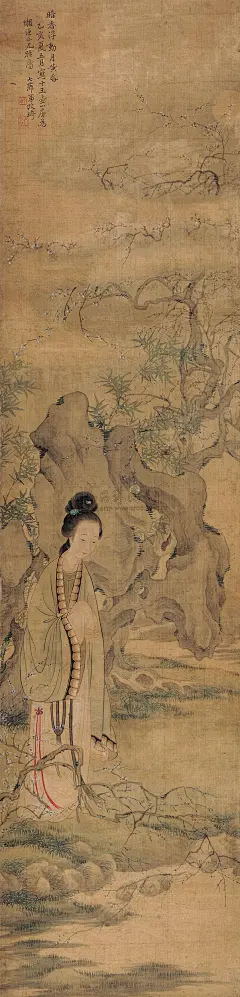 改琦——《月下赏梅（探梅图）》【暗香浮动月黄昏。乙亥夏五月】仕女人物小景 立轴欣赏 | 
清|改琦(1773-1828)字伯韫号香白，又号七芗、玉壶山人、百蕴生、改伯、横泖渔父等。工仕女人物佛像花鸟兰竹。宗法华喦，喜用兰叶描，仕女衣纹细秀，树石背景简逸，造型纤细，敷色清雅，创立了仕女画新的体格，时人称为&quot;改派&quot;。